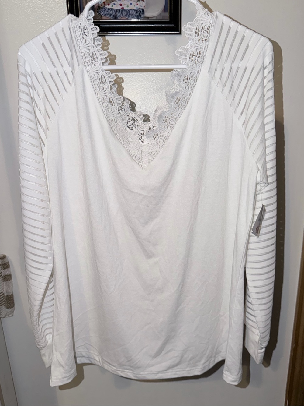 NWT:Copper Rose White Sheer Sleeves Lace-Trim V-Neck Top